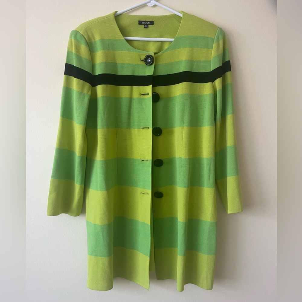 Misook Long Button Front Cardigan Jacket Colorblock Stripes 3/4 Sleeve Medium